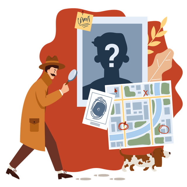 Un détective examine un portrait, une carte et des indices